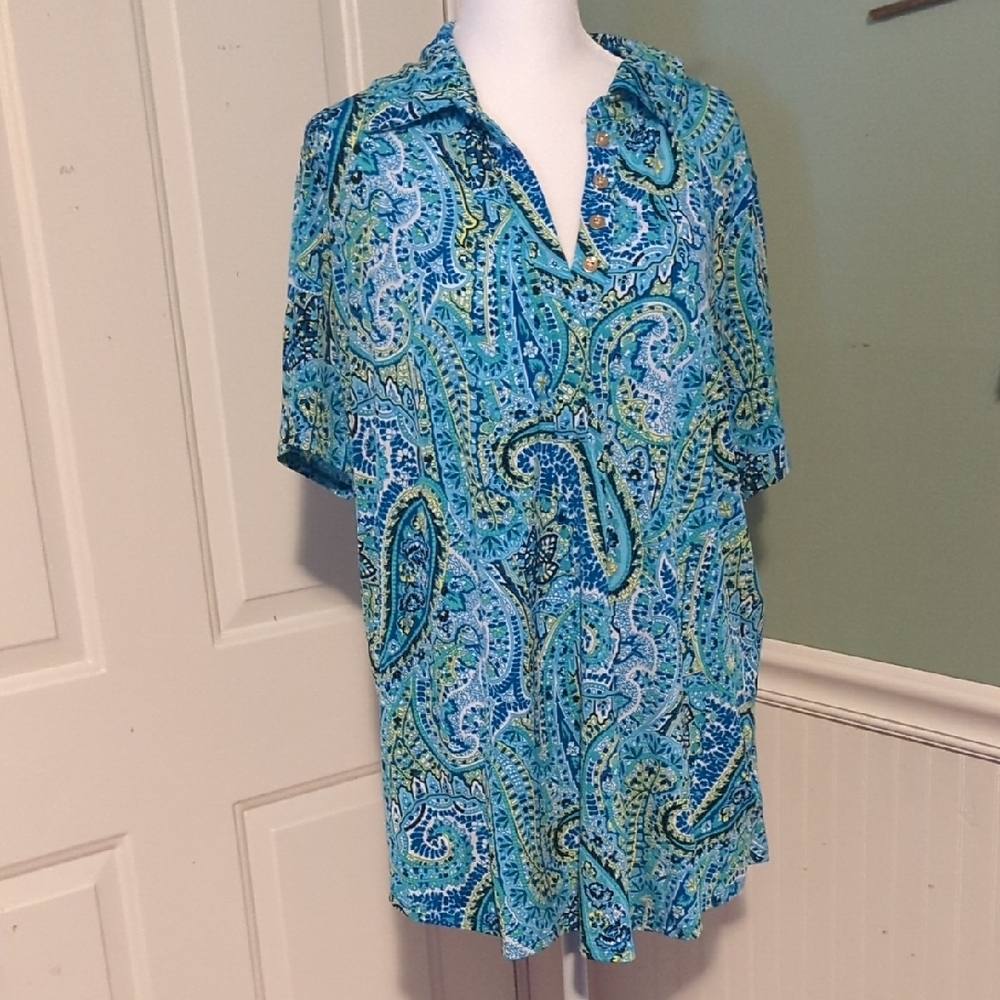 Jones New York Teal Paisley Blouse Shirt Top 1X